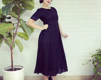 90s Vintage Black Dress Boho Goth Midi Maxi Floral Embroidered Cotton & Flax