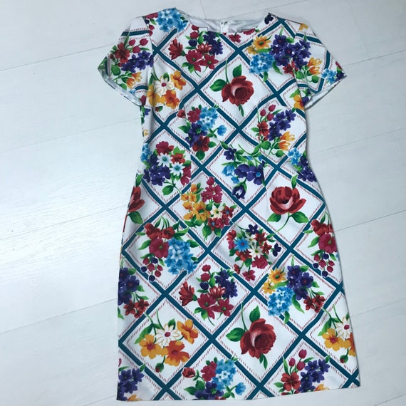 90s Vintage Colorful Sheath Dress Floral Patchwor… - image 6