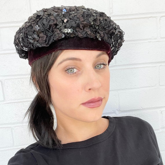 80s Vintage Black Sequin Velvet Beret Cap Womens Hat - Etsy display picture 2