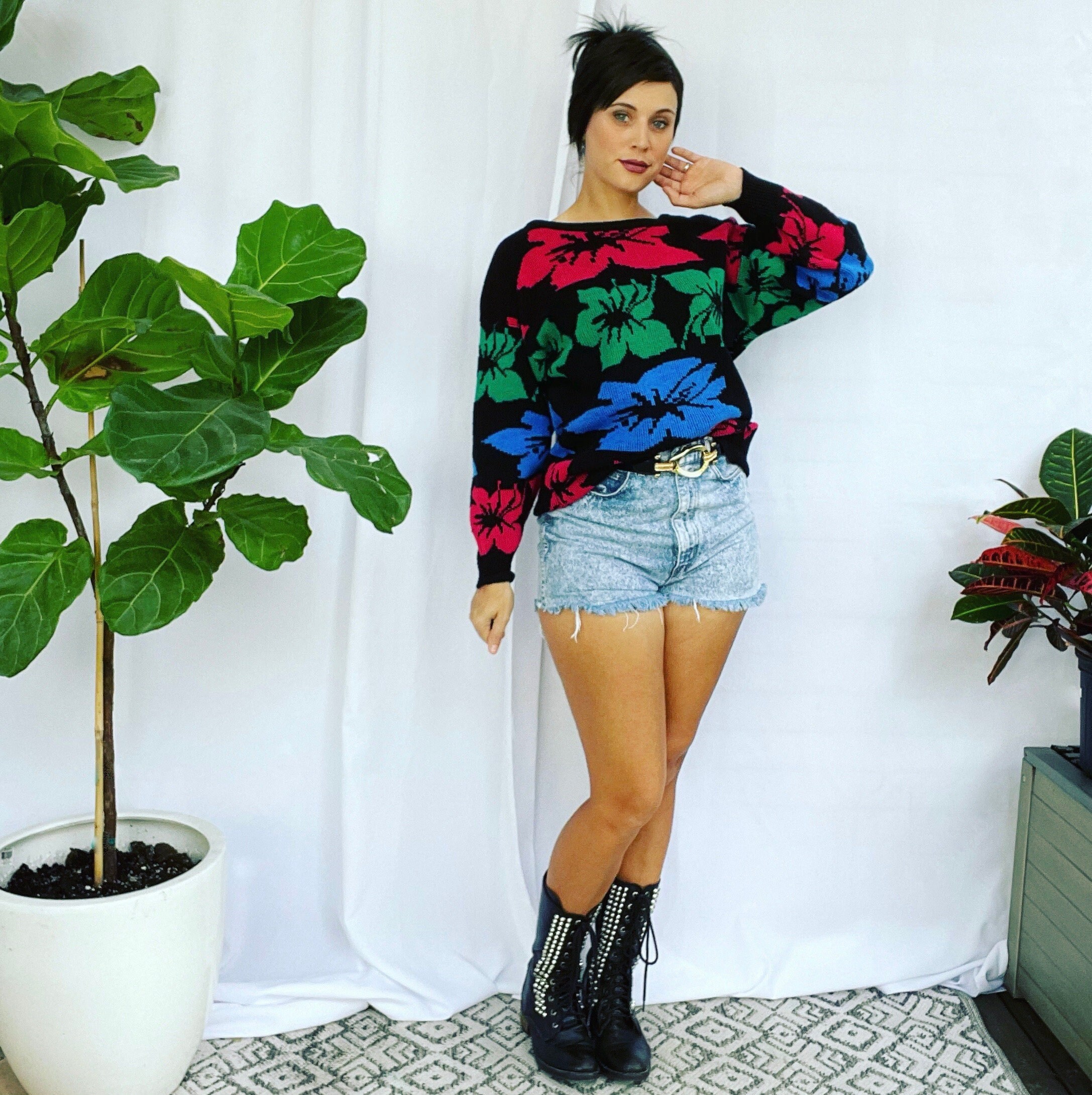 Vintage 80s Sweater Womens Bright Floral Oversized Jumper - Etsy
