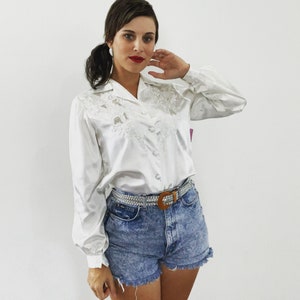 Vintage 80s Satin Blouse Embroidered White Top