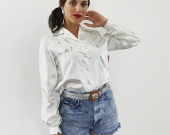 Vintage 80s Satin Blouse Embroidered White Top