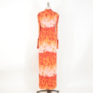 La Mendola Vintage 70s Dress Pink Orange Psychedelic Leopard Print Silk Jersey Maxi