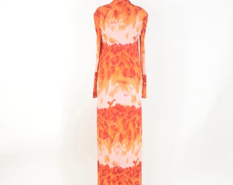La Mendola Vintage 70s Dress Pink Orange Psychedelic Leopard Print Silk Jersey Maxi
