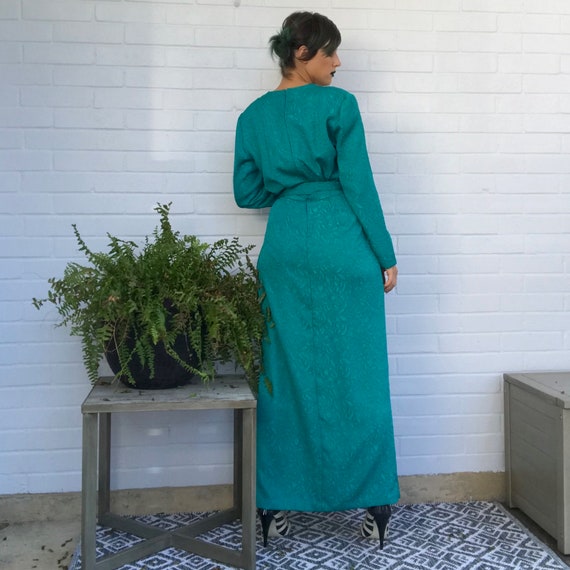 80s Vintage Jade Green Maxi Dress: Blouson Bodice, Ro - Gem 80s Vintage Jade Green Maxi Dress: Blouson Bodice, Ro - Gem