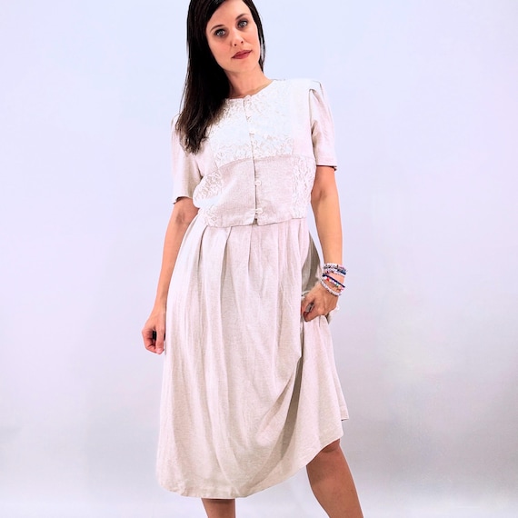 90s Vintage Linen Dress Embroidered Vest Midi Shirtdress Miss Dorby