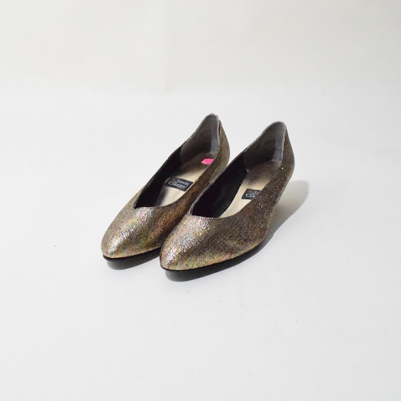 Vintage 80s Kitten Heels Shiny Gold Hologram Part… - image 3