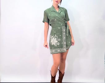 Kay Unger Vintage 90s Romper | Soft Green Gauzy Silk Chiffon Wrap-Style Mini Skort | Boho Floral Cottagecore Quiet Luxury Garden Girl