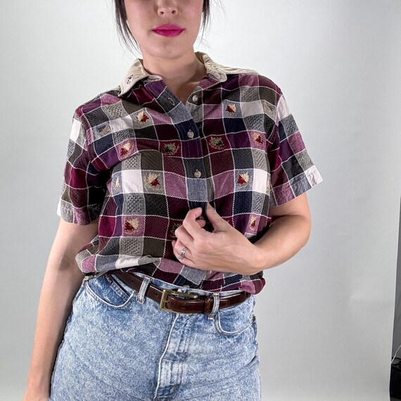 Vintage 90s Patchwork Blouse: Embroidered Collar,… - image 2