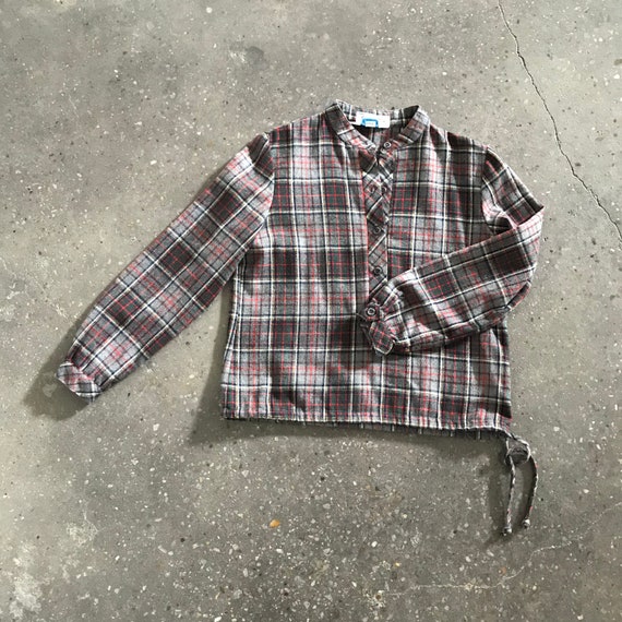 Vintage 70s Plaid Flannel Shirt Red & Gray Blouse - image 3