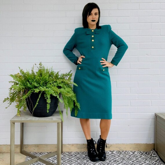 Vintage 1970's Dress Green Knit Midi Sweater Dress with Shoulder Pads
