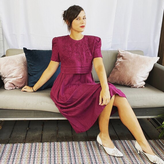 90s Purple Floral Jacquard Midi Dress, Beaded Vintage Dress with Shoulder Pads, Whimsigoth Boho Style