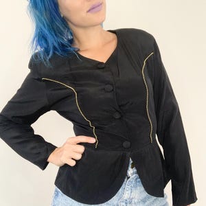 Vintage 80s Jacket Black Beaded Peplum Fitted Blazer Button-Up