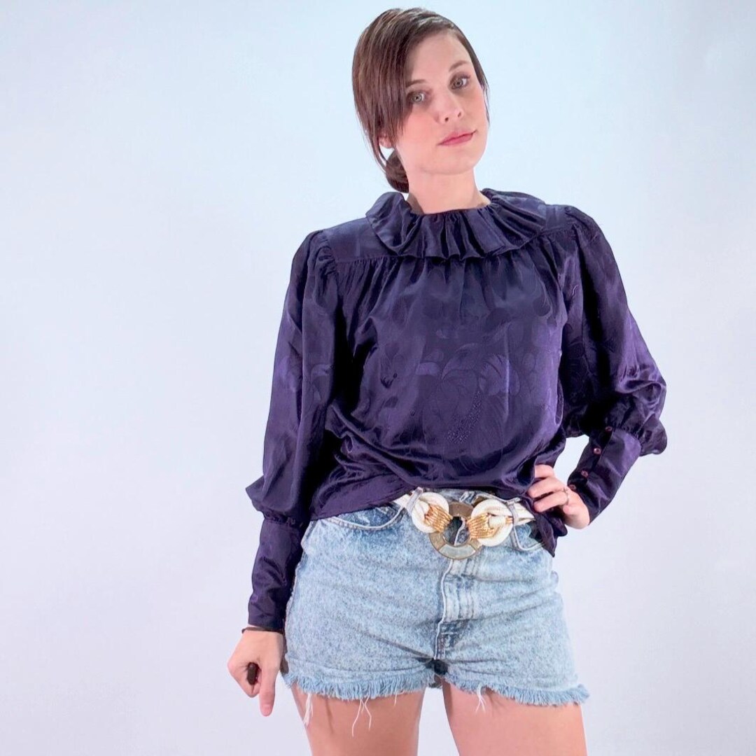 80s Vintage Ruffle Collar Blouse | Dark Purple Draped Puff Sleeve ...