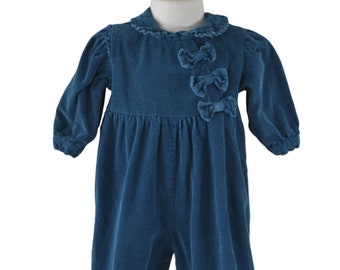 Vintage 1980s Corduroy Baby Romper: Teal Polka Dot, Ruffle Collar