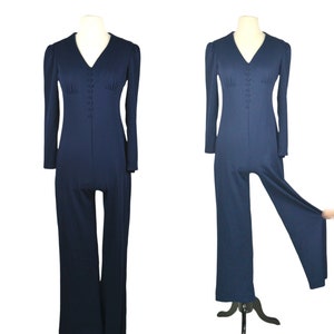 1970s Dark Blue Jumpsuit, Pants, Disco, Romper, Polyester, Small image 1