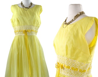 1950s/1960s Yellow Dotted Swiss Overlay Prom, Spring Formal Dress