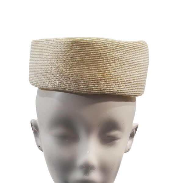 1950s/1960s Cream Raffia Pillbox Hat by Starling, Size 6 1/2