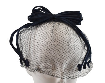 1950s Vintage Dark Blue Large Bow Birdcage Veil Hat, Fascinator Hat, Bouffant Hairstyle Accent