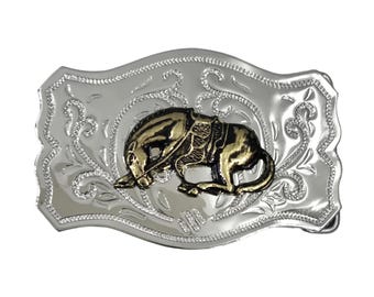 Hebilla de cinturón vintage con hebilla de cinturón vintage de filigrana ornamentada con diseño de caballo Bronco y vaquero del Oeste, con caballo Bronco y diseño de vaquero del Oeste.