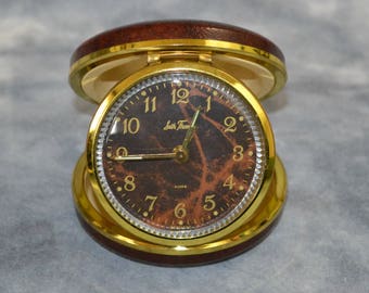 1960s/1970s Round Brown Marbled Wind Up Travel Alarm Clock by Seth Thomas