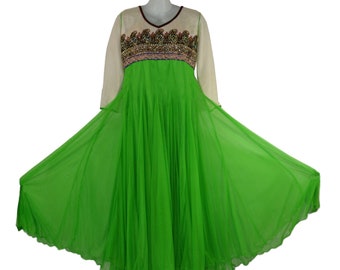Vintage Lime Green and White Bollywood Beaded Empire Waist Dress