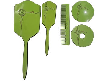 Vintage Green Vanity Set, Hand Mirror, Hair Brush, Comb, Two Lids, Dresser Set, Dressing Room