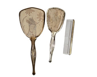 Vintage Gold Tone Brocade Hand Mirror, Brush and Comb Vanity Set, Dressing Room Set, 3 Piece Set