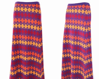 1970s/1980s Purple, Red, Yellow and Orange Diamond Print Knit Maxi Skirt by Sportquake by Doris Ross