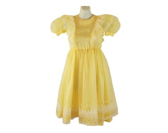 Vintage Girls Yellow Organza Swiss Polka Dot Ruffle Dress, Size 8