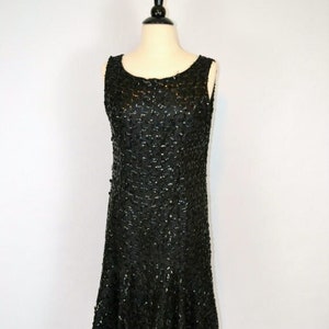 1960s Black Sleeveless Sequin Flapper Drop Waist Cocktail Dress, 1920s Inspired Dress image 1