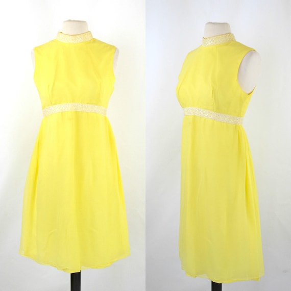 1960s Bright Yellow Sleeveless Chiffon Midi Length