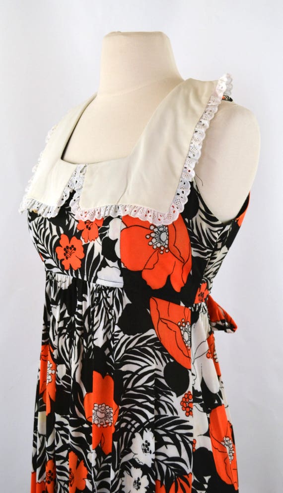 1970s Black, White and Orange Floral Print Sleeve… - image 3