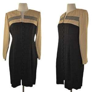 1980s/1990s Black and Tan Color Block New Wave Sheath Dress by S. L. Fashions