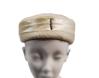 1950s/1960s Off White Felted Wool Pillbox Hat with Netted Veil, Garden Party