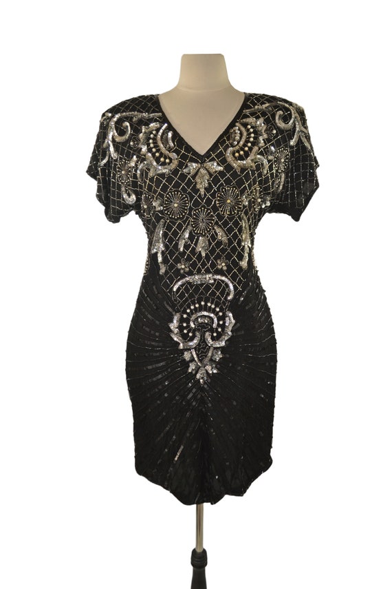 1980s Black and Silver Silk Bead and Sequin Dress… - image 2