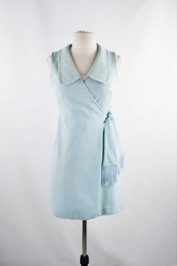 1960s/1970s Mint Blue Sleeveless Wrap Dress, Tass… - image 2