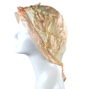 Antique Victorian Peach Silk Boudoir Cap, Handmade Lace Coif Roses, Bows, Ribbons