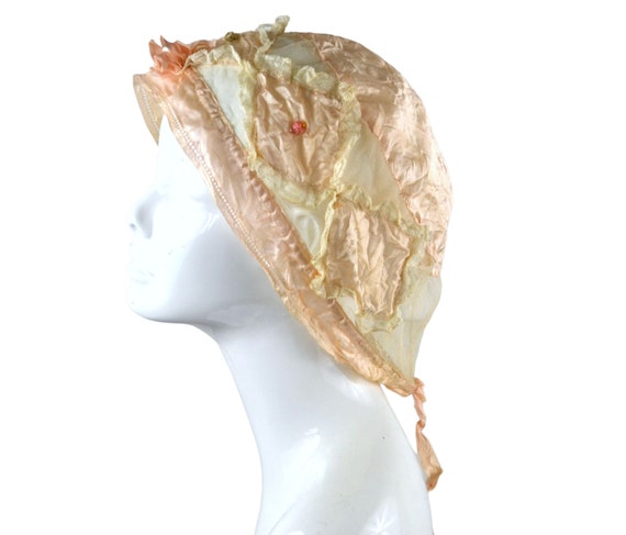 Antique Victorian Peach Silk Boudoir Cap, Handmade Lace Coif Roses, Bows, Ribbons