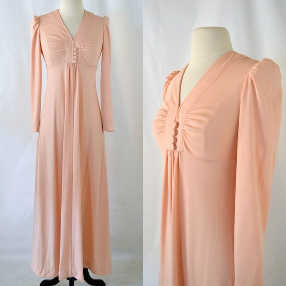 1970s Pale Peach Long Sleeve Maxi Floor Length Dre