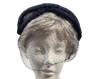 Vintage Dark Blue Raffia Straw with Veil Headband Hat