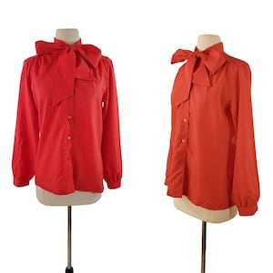 1970s/1980s Watermelon Red Bow Tie Blouse by Lucky Winner