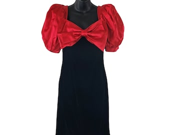 1980s/1980s Black Velvet and Red Satin Bodycon Dress by Scott McClintock Dresses