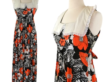 1970s Black, White and Orange Floral Print Sleeveless Maxi Dress