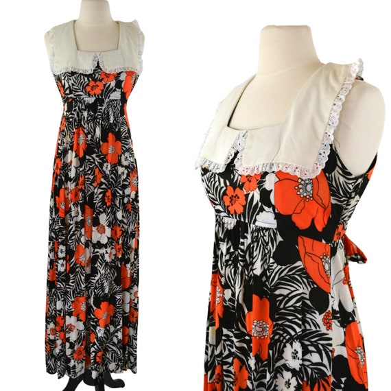 1970s Black, White and Orange Floral Print Sleeve… - image 1