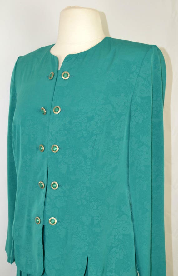 1980s Dark Teal Blouse and Knife Pleat Skirt Flor… - image 3