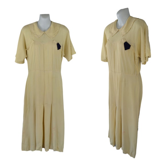 1940s Soft Buttery Yellow Fitted Crepe Dress, Nee… - image 1