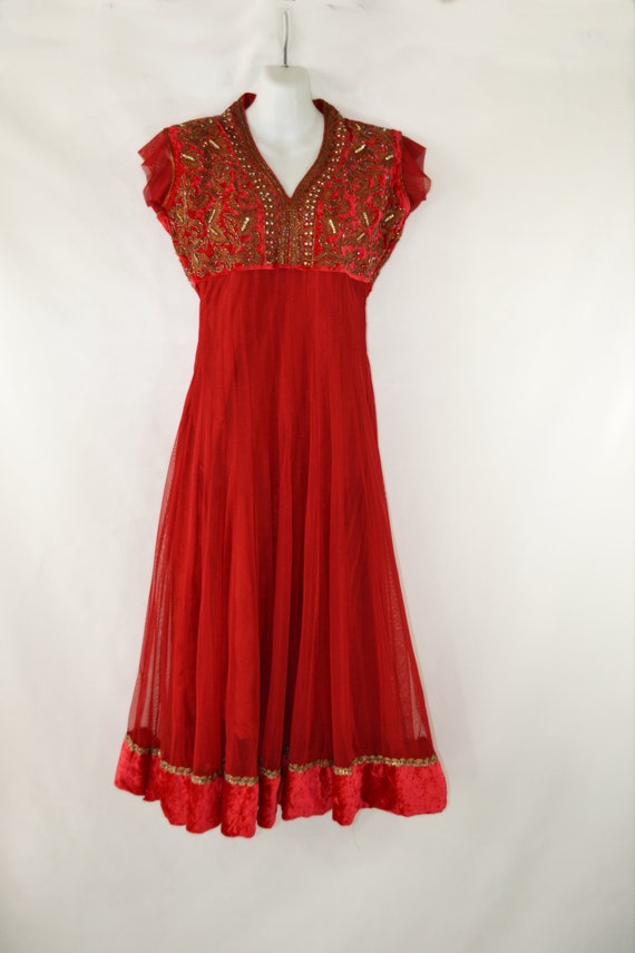 Vintage Lipstick Red Bollywood Empire Waist Dress - image 2