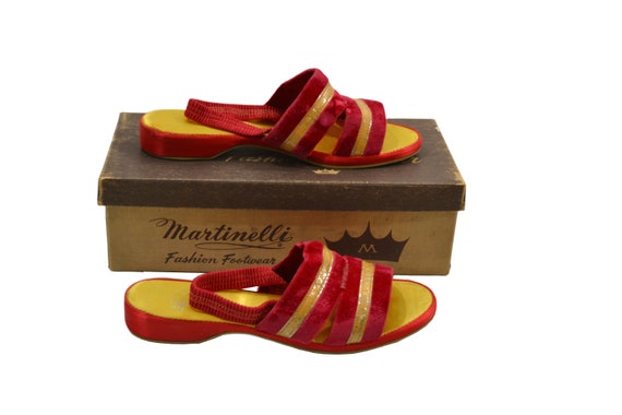 1970s Red and Gold Slingback Slippers by Martinelli, … - Gem