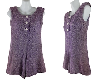 1960s Purple and White Herringbone Wool Blend Sleeveless Romper